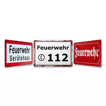 Feuerwehr Blechschild-Set – Gerätehaus & 112