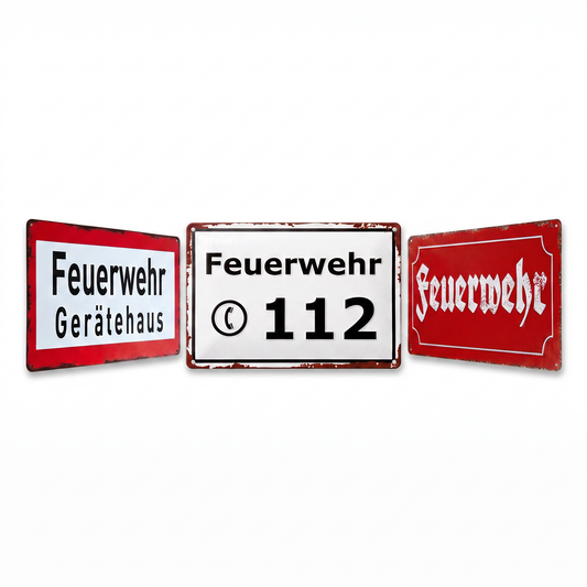 Feuerwehr Blechschild-Set – Gerätehaus & 112