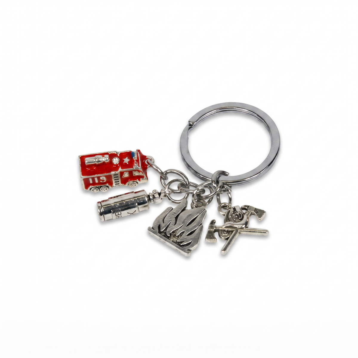 Feuerwehrwagen & Flamme Schlüsselanhänger – Silber