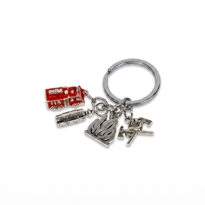 Feuerwehrwagen & Flamme Schlüsselanhänger – Silber