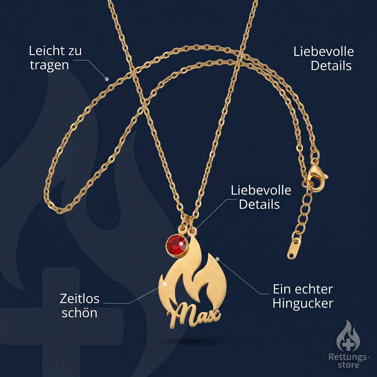 Kette Feuerwehr Flamme personalisiert – Namenskette in Gold oder Silber