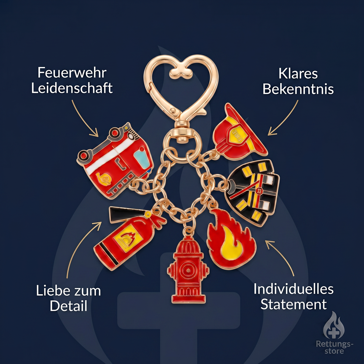 Feuerwehr Herz-Karabiner Schlüsselanhänger – Goldfarben
