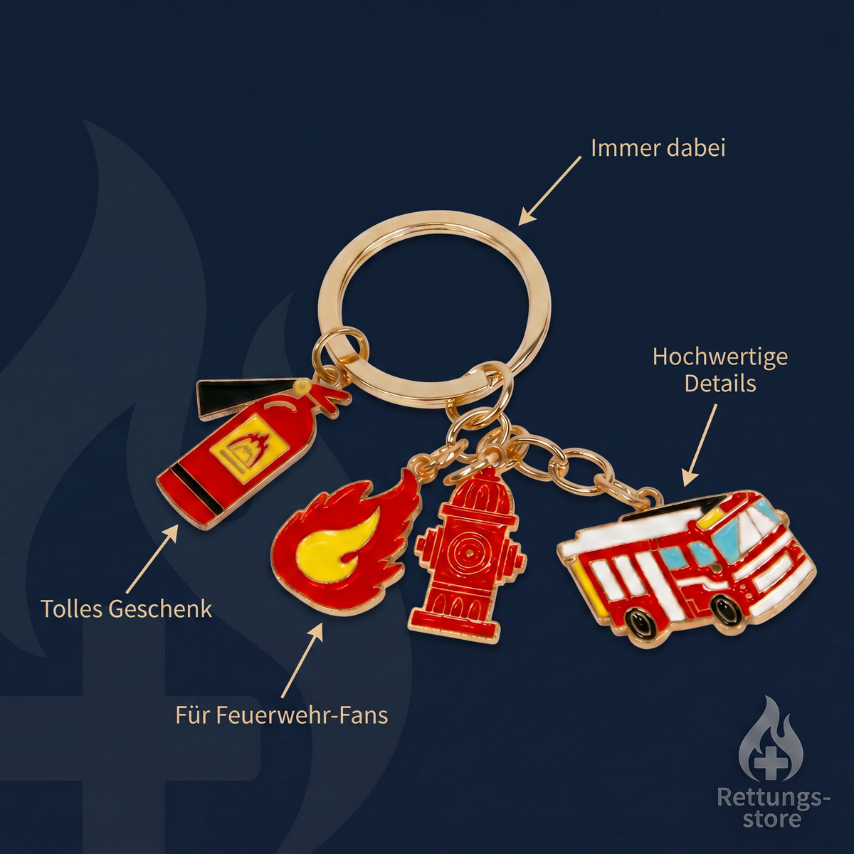 Schlüsselanhänger Feuerwehr Auto & Hydrant – Goldfarben