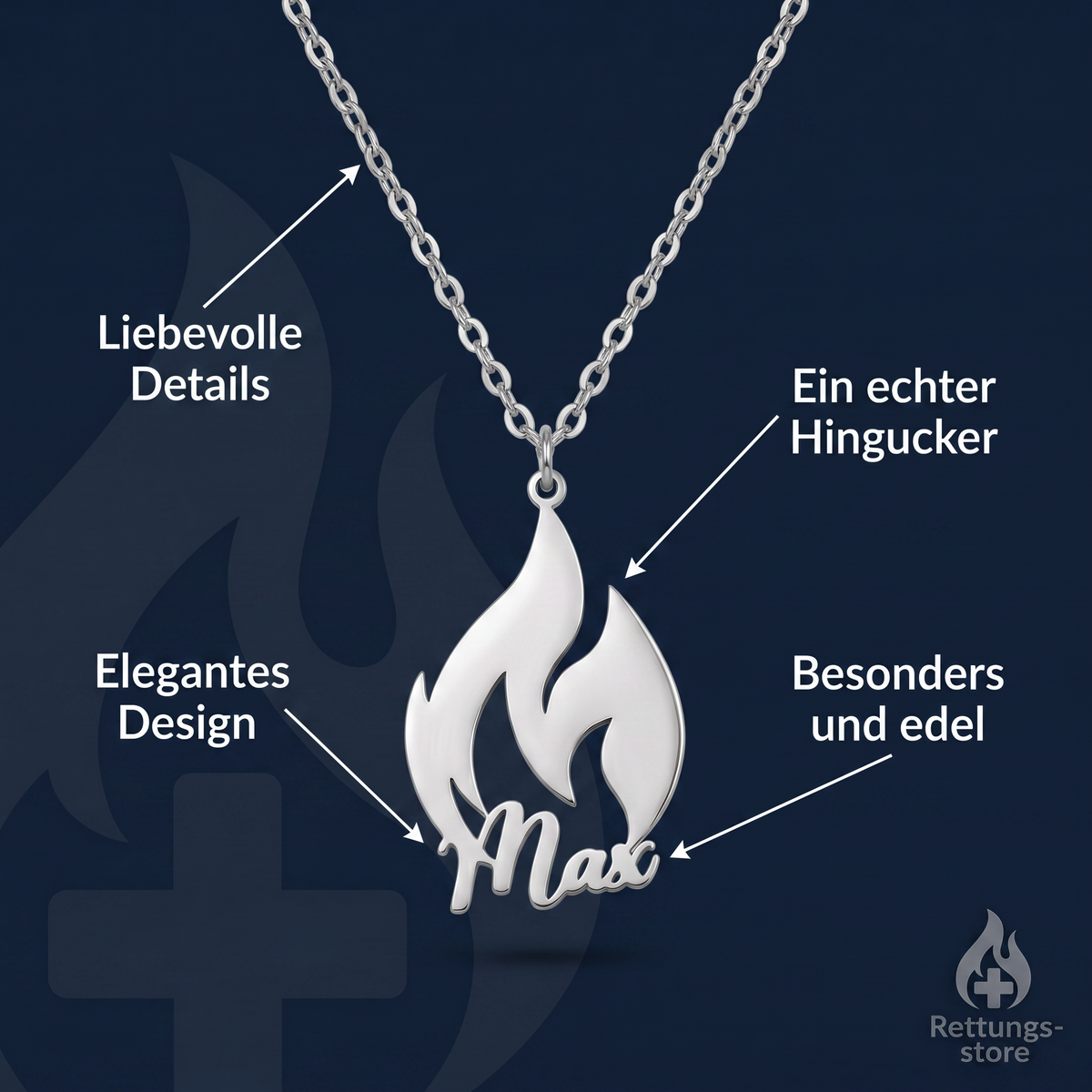 Kette Feuerwehr Flamme personalisiert – Namenskette in Gold oder Silber