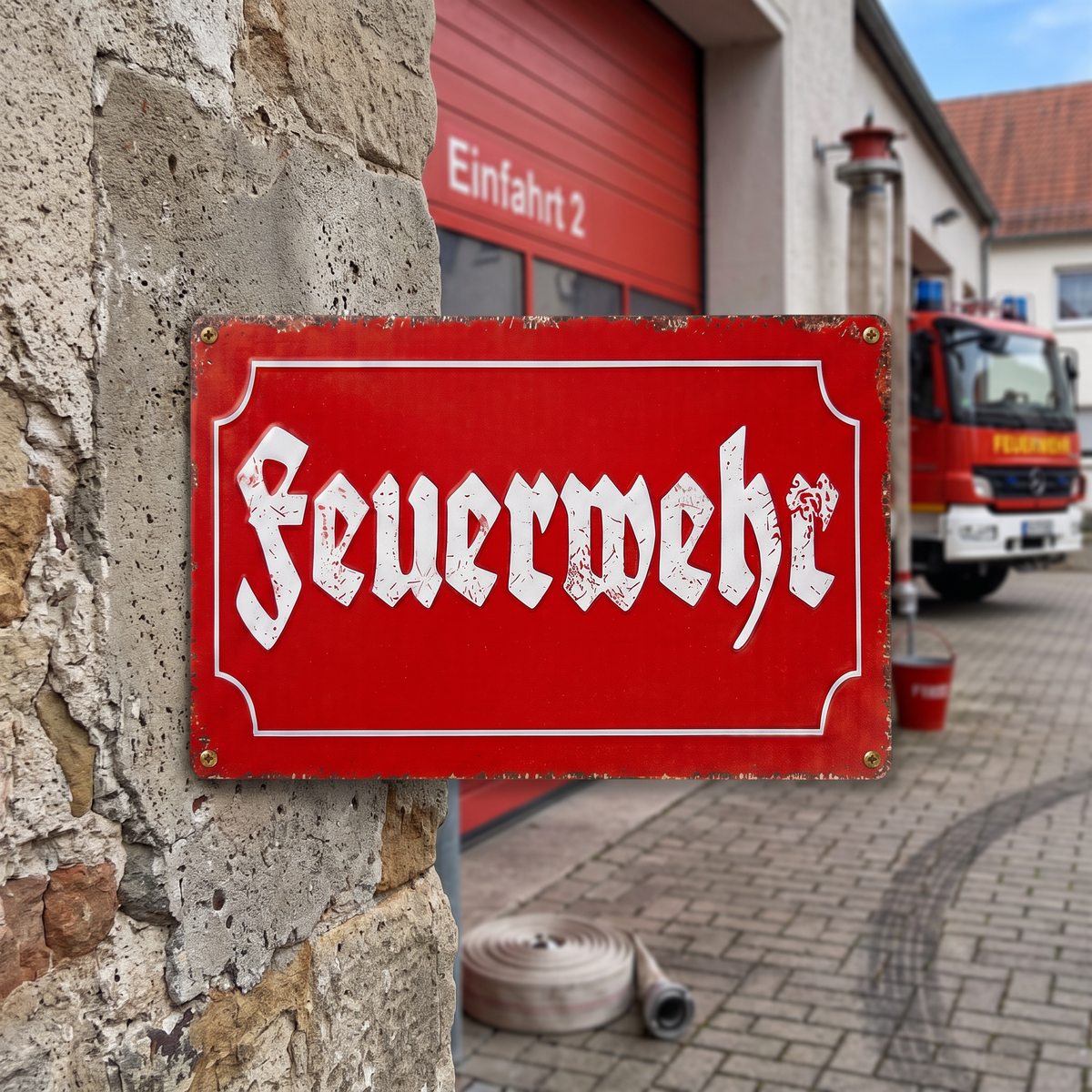 Feuerwehr Blechschild-Set – Gerätehaus & 112